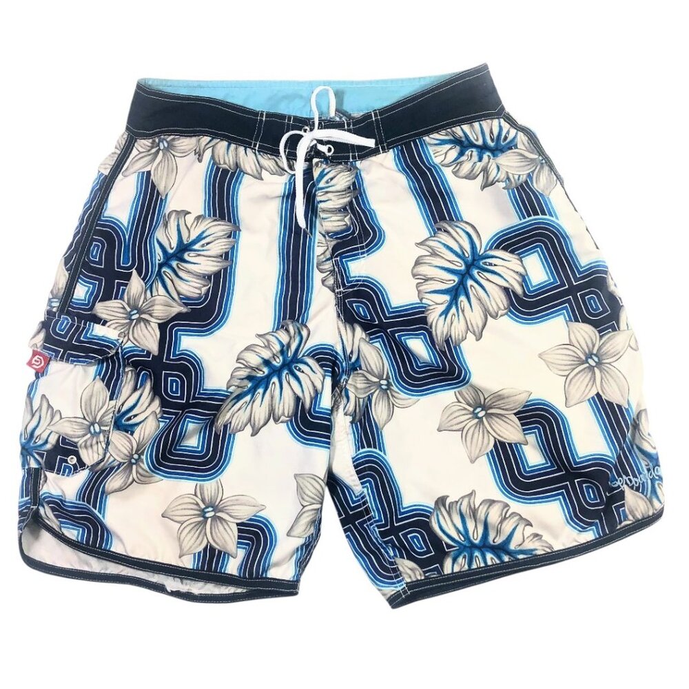 OP Men's Swim Trunks Floral White and Blue side pocket Size 34